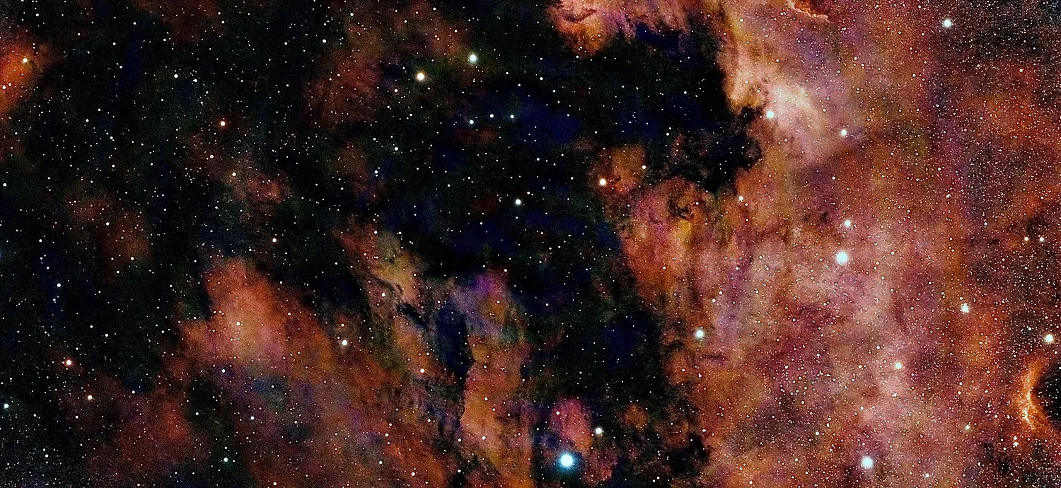 Die Sadr-Region IC 1318 im Schwan: ausgedehnte rote Nebelfelder, geteilt von einem breiten dunklen Staubband.